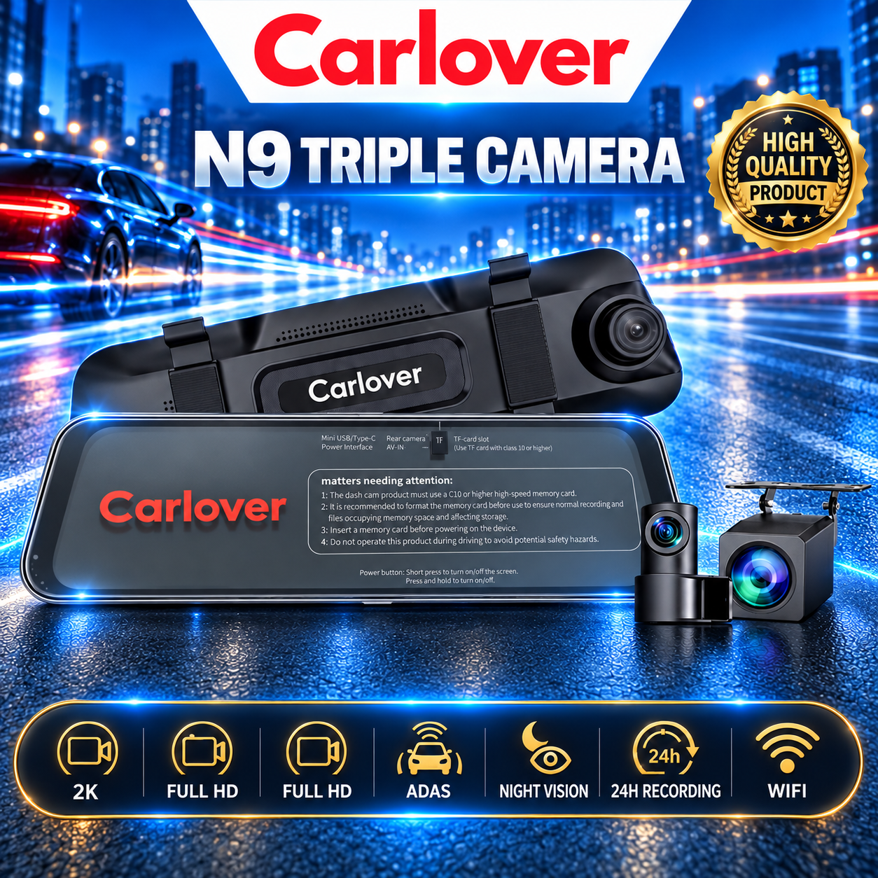 DASHCAM MOBIL CAMERA DVR-N9-3CH-10"-TOUCH SCREEN-ADAS-WIFI - Image 3